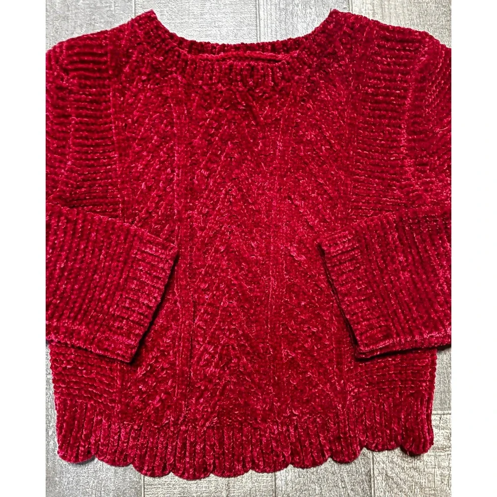 Tommy Bahama Girls Chenille Cable Knit Sweater Scalloped Size S 5/6 Red